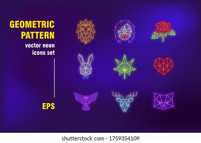 Colección de signos de neón de patrón geométrico. Animal, planta, flor, cara y corazón. Ilustraciones vectoriales para carteles brillantes. Concepto de arte, diseño y avatar