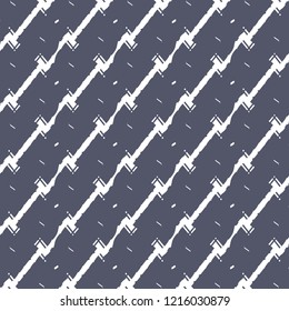 Geometric pattern with oblique broken stripes and some linear fragments. Textile print. Decorative striped background in blue and white. Vector illustration. 