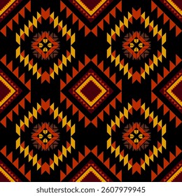 Geometric pattern on black background in shades of orange, brown and yellow. Seamless native american pattern. Ethnic motif. Suitable for textile, rugs, fabric, tiles. Vector illustration design.