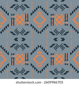 Geometric pattern on black background in gray, orange tones.Native American tribal fabric . Seamless Ethnic pattern. Suitable for textile, rug, Navajo, Aztec, Motif, tile. Vector illustration design.
