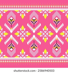 Geometric pattern on bright pink, white, yellow and black background. Traditional tribal or ethnic style pattern. Floral graphic. Suitable for textile or decorative items, rugs, tiles, cards,vector.