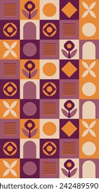 Geometrisches Muster auf Bordeaux und Gelb mit geometrischen Formen und abstrakten Blumen. Nahtloses Muster für den Druck auf Stoff, Web-Banner, Poster, Flyer, Karte. Vektordatei, Designelemente.