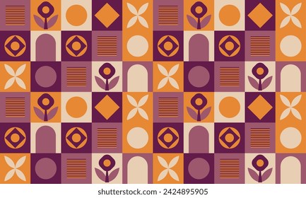 Geometric pattern on burgundy and yellow with geometric shapes and abstract flowers. Seamless pattern for printing on fabric, web banner, poster, flyer, card. Vector file, design elements.