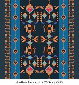 Geometric pattern on navy background in gray orange tones. Native American tribal fabric. Ethnic seamless pattern. Suitable for textiles, rugs, Navajo, Aztec, motifs, tiles. Vector illustration design