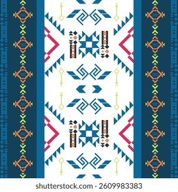 Geometric pattern on navy and white background in gray orange tones. Native American tribal fabric. Ethnic seamless pattern. Suitable for textiles, rugs, Navajo, tiles. Vector illustration design.