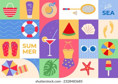 Motif géométrique sur le thème de l'été. Illustration vectorielle colorée. Pour l'emballage, les cartes postales, les bannières. Chiffres simples