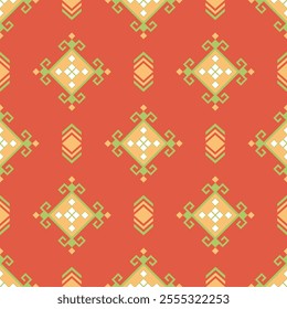 A Geometric pattern with orange background and intricate designs in yellow and green, creating vibrant and lively atmosphere