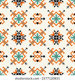 geometric pattern with orange, green, and black motifs. The design includes arrows, star shapes, and symmetrical arrangements, creating a vibrant and cultural aesthetic. Vector ethnic Navajo seamless 