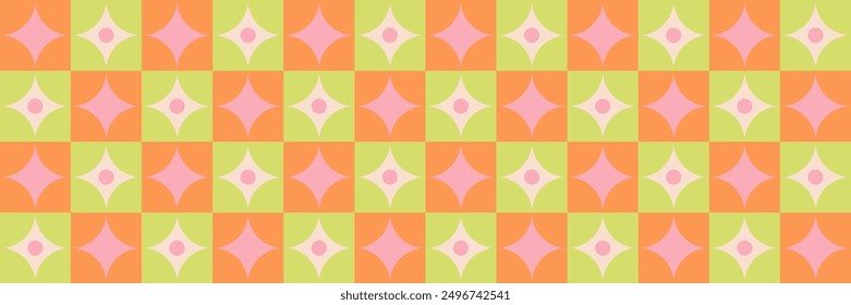 Geometric pattern with orange and green squares with white and pink rhombs with dots. Abstract modern seamless pattern squares in staggered order with rhombs