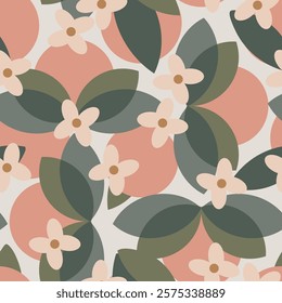 Geometric pattern with orange shapes and flowers in a subtle color palette of peach, beige and green on off white background. A seamless vector pattern. Great for homedecor, fabric, wallpaper,giftwrap