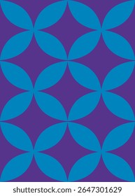 Padrão geométrico de formas pétalas azuis sobrepostas dispostas em um layout de grade em um plano de fundo roxo sólido. Conceito de simetria, repetição e elegância. Ilustração vetorial