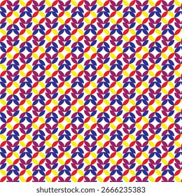 Padrão geométrico de sobreposição de formas pétalas coloridas em vermelho, amarelo, azul e roxo no branco