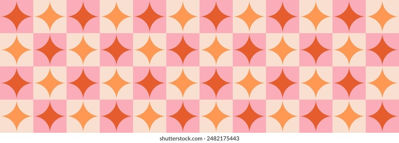 Geometric pattern with pale pink squares with orange rhombs. Abstract seamless color squares in staggered order