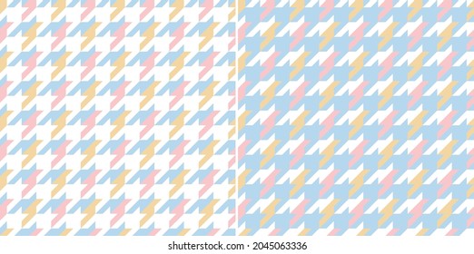 Geometric pattern in pastel blue, pink, yellow, white with houndstooth check plaid. Seamless colorful light dog tooth print for dress, jacket, coat, skirt, blanket, duvet cover, other fashion print.