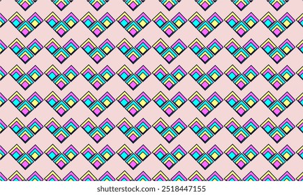 Padrão geométrico. Fundo rosa pastel com formas coloridas em lilás, azul, amarelo. Sem emenda, fundo para tecidos, banners, papéis de parede, embalagem. 
