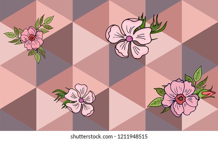 Geometric pattern in pink with rose flowers