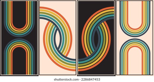 Geometrische Muster-Plakate aus den 70er Jahren , Retro-Stil , Vintage-Regenbogen-Farblinien Druck. farbiges Design-Poster, abstrakter Hintergrund-Vektorset der 70er Jahre. Minimalistische, altmodische Kunstwerke zur Illustration