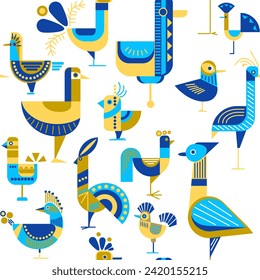 Geometric pattern with primitive images of chickens, herons and other birds in yellow, blue and blue on a white background