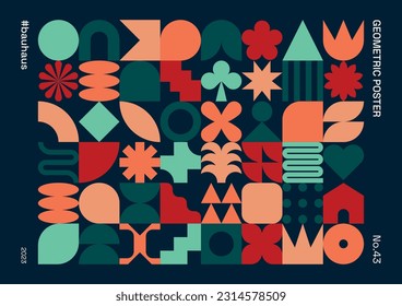 Geometric pattern with primitive shapes and symbols. Abstract modern background, cover, poster, card or print, influenced by Bauhaus, Neo Geo art, Swiss design and Mid Century art.