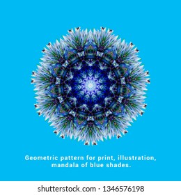 Geometric pattern for print, illustration, mandala of blue shades.