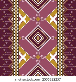 A Geometric pattern in purple, gold, and white with intricate designs