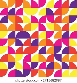 Geometrisches Muster mit Viertelkreisen in orangefarbenem, violettem Rosa und gelben Farben Schlagwörter: abstrakt, Kunst, Hintergrund
