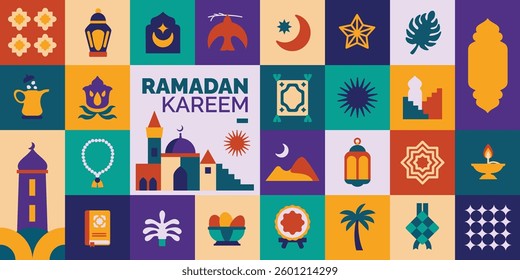 geometric pattern ramadan kareem with various bright colored islamic icons and symbols, islamic illustration for poster, wallpaper and greeting card	