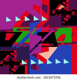 Geometric pattern, red, black, purple, light blue triangles, irregular shapes, background