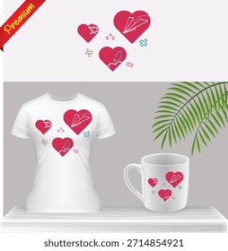 Patrón geométrico de corazón rojo camiseta y taza de Vector Mockup. Diseño moderno del motivo del amor con la hoja verde aislada en fondo transparente. Gráfico de ropa blanca.