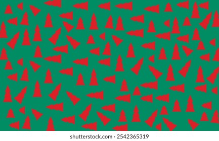 Padrão geométrico de pinheiros vermelhos dispostos aleatoriamente sobre um fundo verde. Perfeito para impressão, fundos de design, papel de parede e azulejos, embrulho de presente com tema de Natal