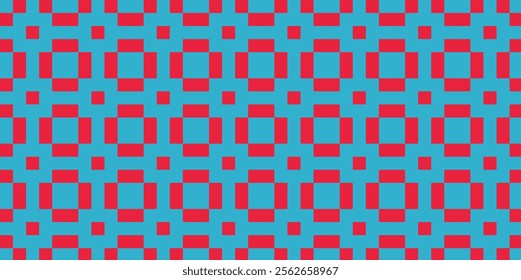 Geometric pattern of red squares and rectangles on a blue background