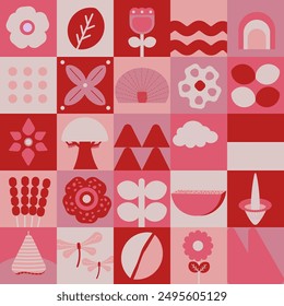 Geometric Pattern with Red and White Colour. Indonesia Theme with Floral, Food and Landscape Vector Design