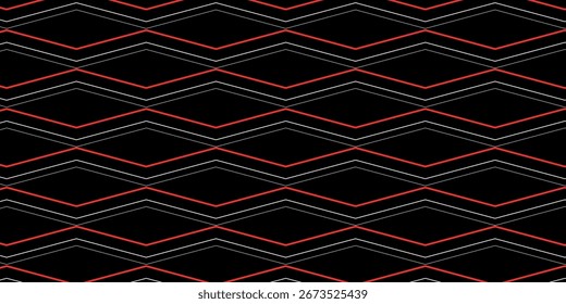 Geometric pattern with red and white lines on black background.