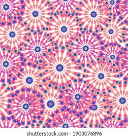 Geometric pattern. In red-pink and blue bright colors. Abstract flower with dots. For wrapping paper, for wrapping wallpaper, tablecloths, etc.