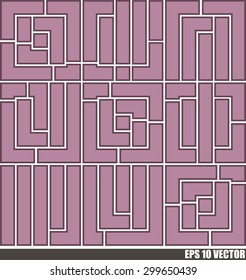 Geometric pattern. Reminiscent of letters and punctuation. Squares with stripes. Violet shades. Vector illustration.