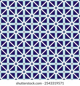 A geometric pattern with repeating blue and white triangular shapes arranged in a grid. Each unit forms a larger square, creating a star-like effect across the pattern, which is visually striking.