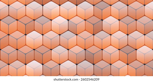 A geometric pattern of repeating cubes fitted into a hexagonal grid and with subtle orange and gray gradients. The 3D effect adds depth, creating a modern and versatile background design.