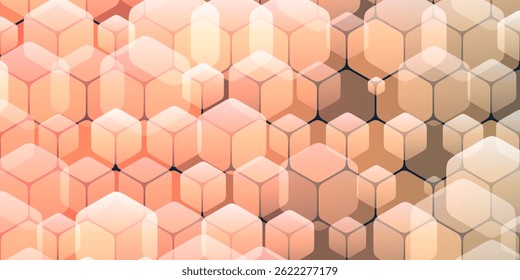 Um padrão geométrico de cubos repetidos de vários tamanhos em uma grade hexagonal e com gradientes sutis de laranja e cinza. O efeito 3D acrescenta profundidade, criando um design de fundo moderno e versátil.
