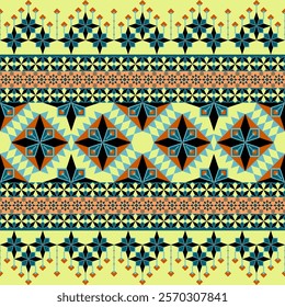 A geometric pattern with repeating diamond and star motifs in orange, blue, and black, accented by intricate details on a beige background, creating a traditional and bold design. Vector, Navajo.