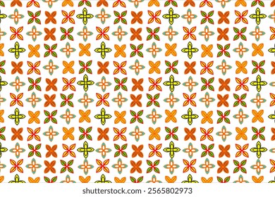 Geometric pattern with a repeating floral and flower motif. Each flower consists of orange, yellow, red and green petals with a symmetrical design. Perfect for fabric, wallpaper, or decorative element