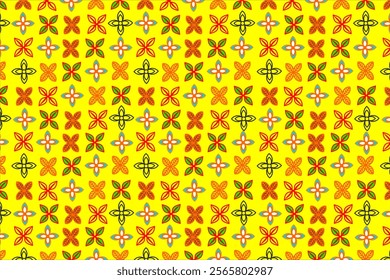 Geometric pattern with a repeating floral and flower motif. Each flower consists of orange, yellow, red and green petals with a symmetrical design. Perfect for fabric, wallpaper, or decorative element