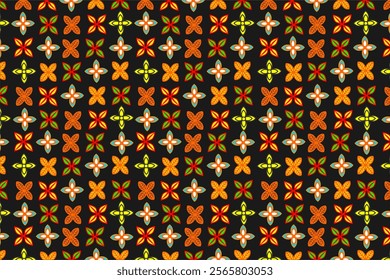 Geometric pattern with a repeating floral and flower motif. Each flower consists of orange, yellow, red and green petals with a symmetrical design. Perfect for fabric, wallpaper, or decorative element