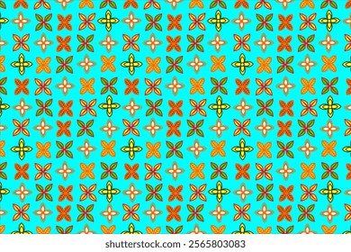 Geometric pattern with a repeating floral and flower motif. Each flower consists of orange, yellow, red and green petals with a symmetrical design. Perfect for fabric, wallpaper, or decorative element