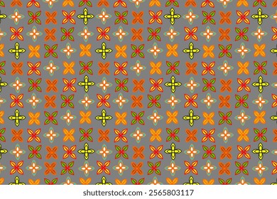 Geometric pattern with a repeating floral and flower motif. Each flower consists of orange, yellow, red and green petals with a symmetrical design. Perfect for fabric, wallpaper, or decorative element