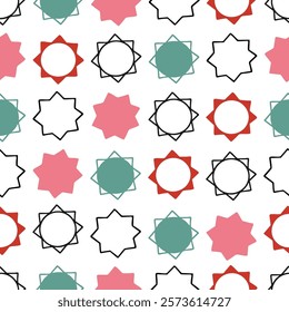 Geometric pattern with repeating starburst shapes in a mix of solid colours and outlined forms in black. Structured and modern composition.