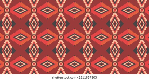 Geometric pattern repeats with diamond shapes in red, orange, and brown, creating a symmetrical tribal stripe design.