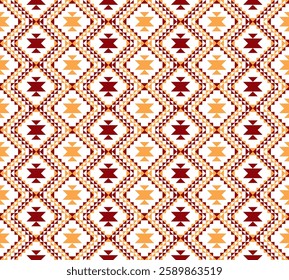 a geometric pattern resembling a quilt or textile design. It consists of repeating symmetrical shapes in earthy tones of brown, beige, and orange, forming diamond and star-like patterns. Vector ethnic