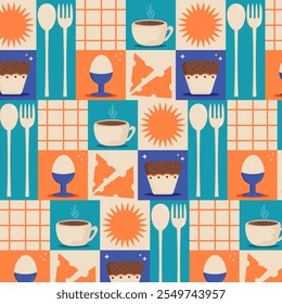 Geometric pattern in retro style on the theme of breakfast