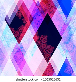 Geometric pattern with rhombus and mandalas. Dark and light, Black, blue, purple, red colors. seamless texture. Abstract vector background for web page, banners backdrop, fabric, home decor, wrapping
