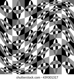 Geometric pattern with ripple, wavy distortion, warp effect. Abstract monochrome texture / background